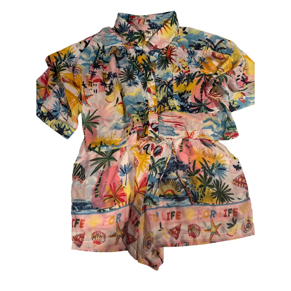 Violet Sky Tropical Beach Print 2 Piece Set Shirt and Shorts Womens Medium Multi